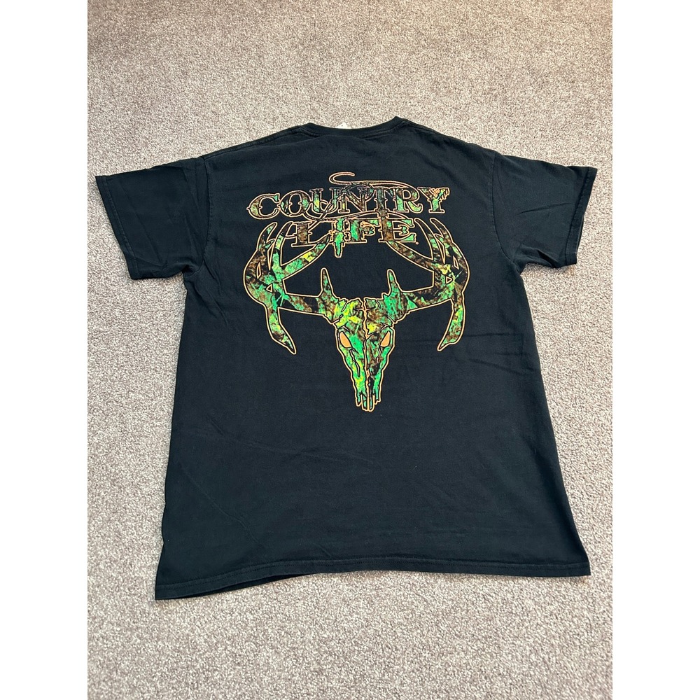 Country Life‎ Graphic T-Shirt Mens Medium Black Excellent Camo Deer Skull Tee